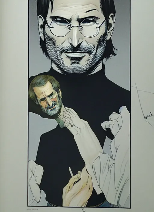 Image similar to steve jobs manga in color, final page, portrait, by katsuhiro otomo and hiroya oku and makoto yukimura