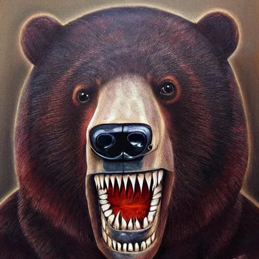 Image similar to a horrid painting of a bear with a human face sown onto it, terrifying creature, absurdly sharp teeth with blood, stunning level of detail by professional artists