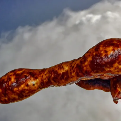 Image similar to chorizo flying over the clouds