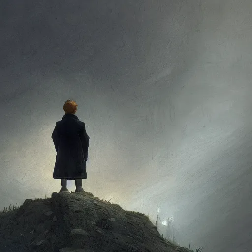 Prompt: a boy looking down in grief, Graceful body structure,cute,Symmetrical face,highly detailed,elegant,Marc Simonetti and Caspar David Friedrich, Trending on artstation,depicted as a Scene from a movie,cinematic lighting