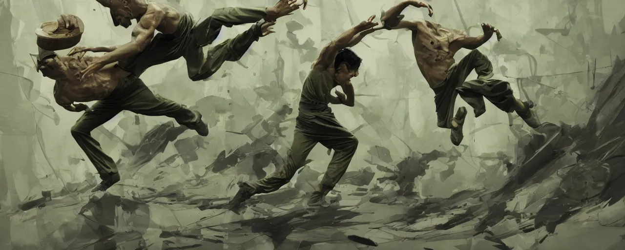 Prompt: duotone olive green grey illustration 3 / 4 portrait of gollum fighting in bruce lee style. dynamic chaotic composition accidental renaissance golden ratio. by sachin teng and sergey kolesov and ruan jia and heng z. graffiti art, scifi, fantasy, hyper detailed. octane render. concept art. trending on artstation