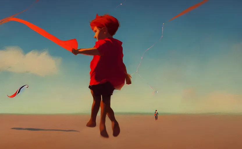 Image similar to child flying a kite at the beach by atey ghailan and garmash, michael, cinematic, volumetric lighting