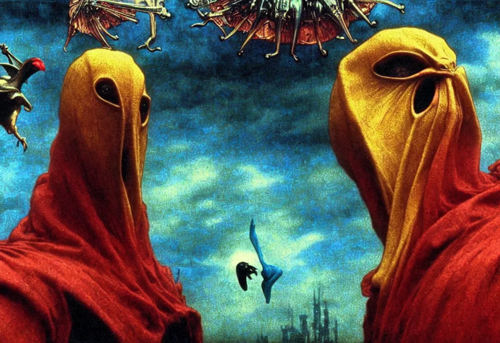 Image similar to realistic detailed portrait movie shot of a screaming birdman wearing black robes, sci fi city landscape background by denis villeneuve, amano, yves tanguy, alphonse mucha, ernst haeckel, max ernst, roger dean, hieronymus bosch, masterpiece, rich moody colours, dog teeth, blue eyes