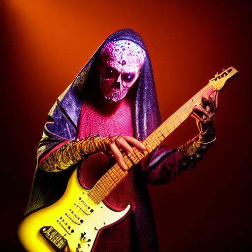 Prompt: uhd candid photo of cosmic dracula playing electric guitar in church, glowing, global illumination, studio lighting, radiant light, detailed, correct face, elaborate intricate costume. photo by annie leibowitz