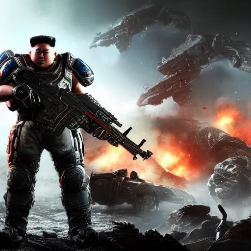 Image similar to kim - jong un in gears of war, splash art, movie still, detailed face, cinematic lighting, dramatic, octane render, long lens, shallow depth of field, bokeh, anamorphic lens flare, 8 k, hyper detailed, 3 5 mm film grain