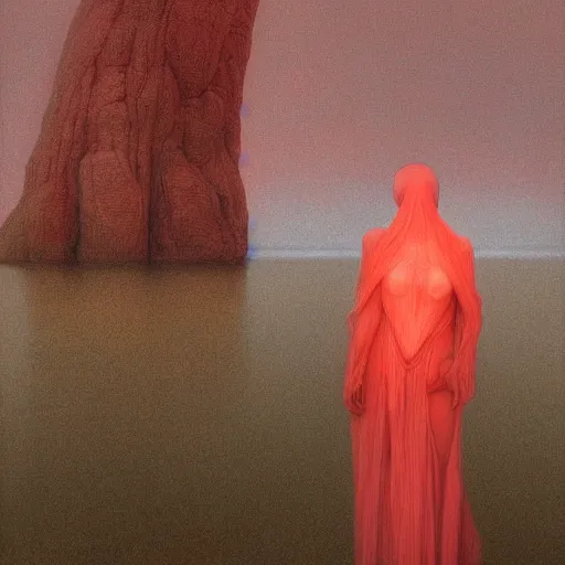 Prompt: portrait, shore of the lake, woman, wrapped around by veins, veiled, glowing red, by edgar maxence and ross tran, zdzisław beksinski, and michael whelan, distant, gustav dore, h. r. giger, 8 k, octane render