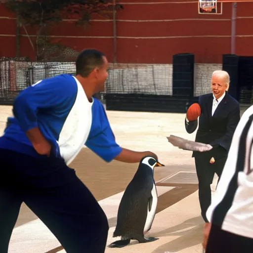 Image similar to Joe Biden playing basketball with a penguin, hyperdetailed, 4k, best photo