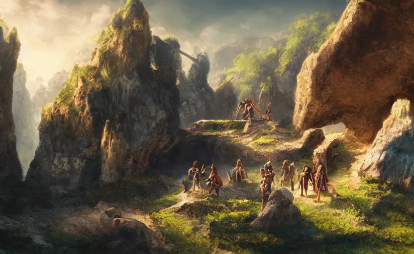 Prompt: 3 humans and 1 dwarf standing in front of a cave on a cliff, sunny, fantasy art, epic, 4 k