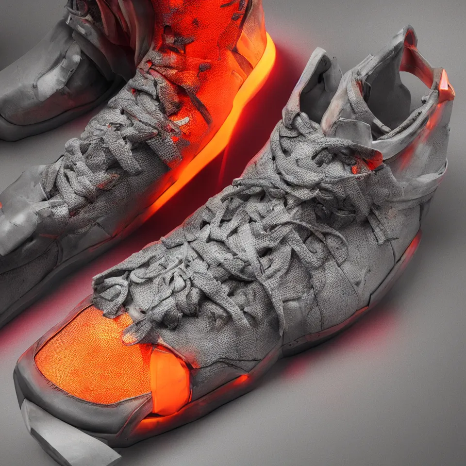 Image similar to realistic 8 k sculpture of a cyberpunk sneaker with neon illuminated rubber soles and soft orange shoelaces, sitting on a textured grey surface, clean 3 d render, beautiful studio lighting, soft, sharp focus, cyberpunk, intricate detail, gold and red accents, soft rubber, octane render, trending on artstation, deviantart, art by hiroshi fujiwara