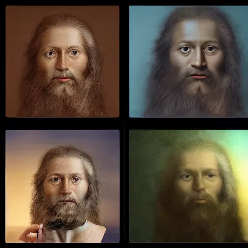 Prompt: realistic photo portrait of a man using an ipad, looking like leonardo da vinci, volumetric lights, trending on artstation, studio photo, intricate details, highly detailed