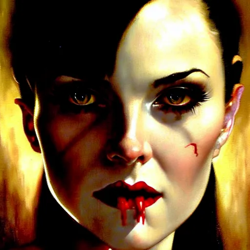 Image similar to close up face of a extremely beautiful bond female vampire portrait, Masterpiece, oil on canvas, artgerm, norman rockwell, craig mulins, trending on pxiv,