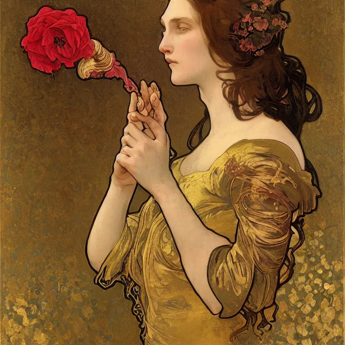 Prompt: portrait of a woman with a rose made of smoke in her hand, horns, snakes, smoke, flames, full-length, oil painting in a renaissance style , very detailed, gold background, painted by Alphonse Mucha.