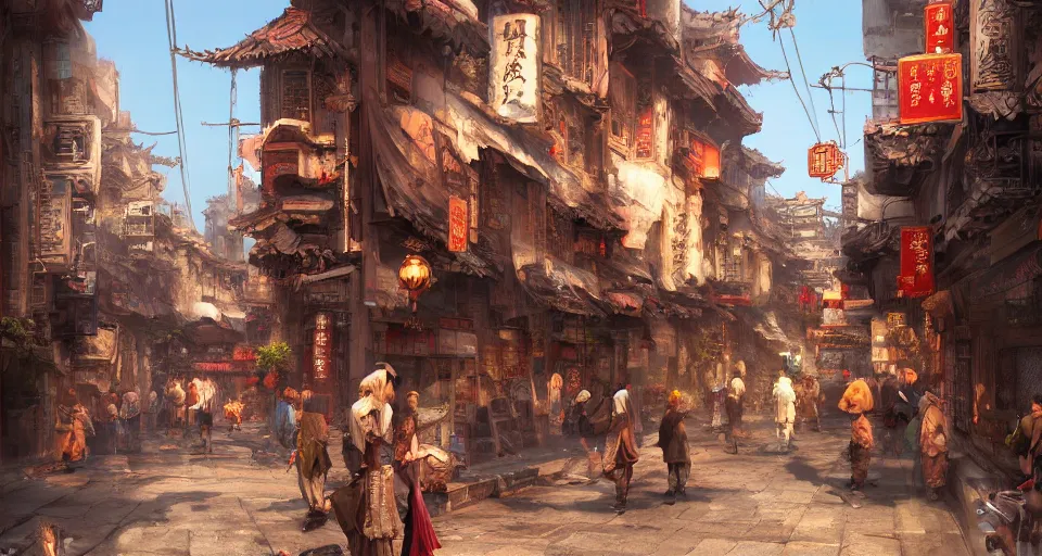 Image similar to craig mullins and ghibli digital art of chinatown street, sunset alley, in the bustling ancient chinese city, the god of erlang yang jian came from a distance, unreal engine, hyper realism, realistic shading, cinematic composition, realistic render, octane render, detailed textures, photorealistic, wide shot