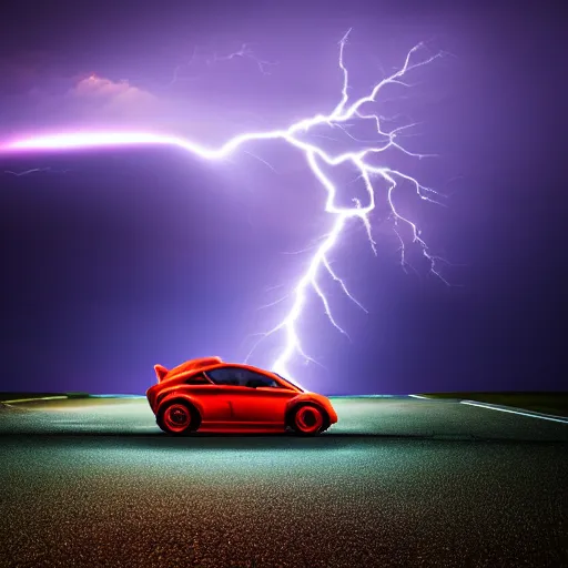 Image similar to futuristic flying car emerging from a circle of lightning in the sky, thunderstorm at night, 28mm dramatic photo