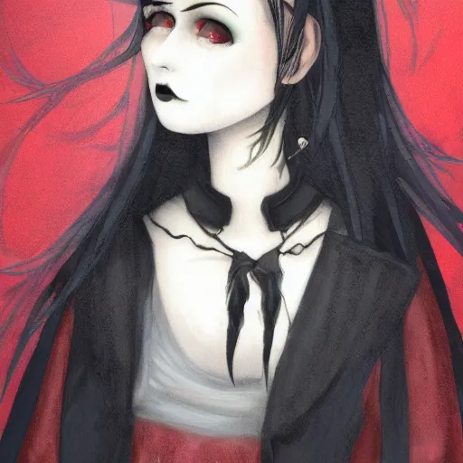 Image similar to A portrait of the character, Death, a young Goth girl wearing a black vest