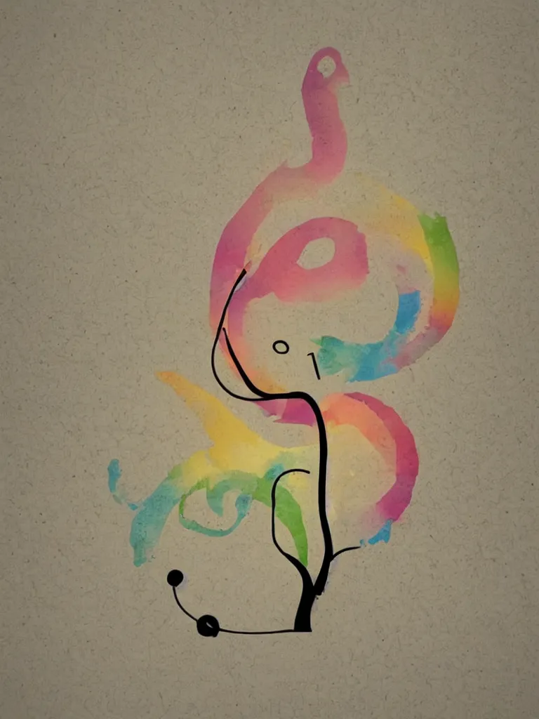 Image similar to minimal silhouette art of acorn that turns into a tree in the shape of a treble clef, a big rip down the middle, splashes of color, inspirational and powerful