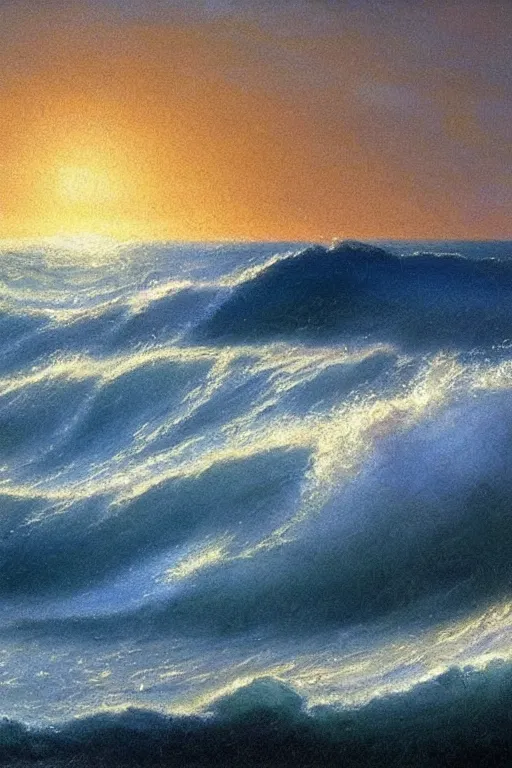 Prompt: very detailed seascape with big waves and sunset painted with oil paints in the style of Kuindzhi