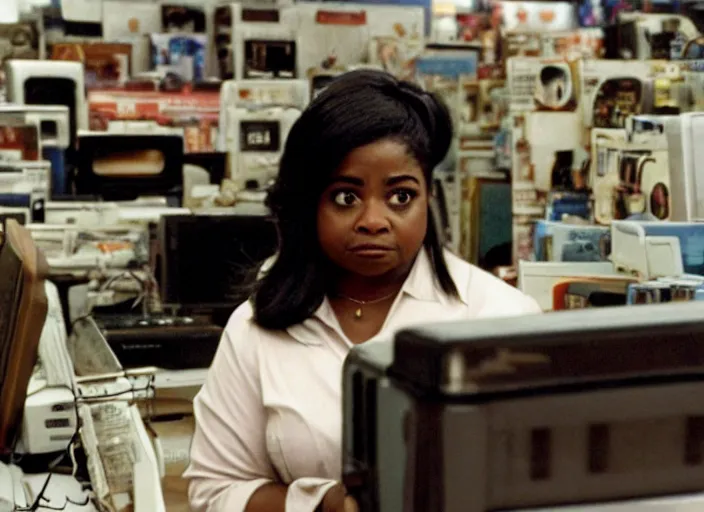 Image similar to cinematic shot of octavia spencer in an small used electronics store next to an old electronic keyboard, iconic scene from the paranoid thriller sci fi film directed by stanley kubrick, anamorphic cinematography, beautiful composition, color theory, leading lines, photorealistic, moody volumetric lighting