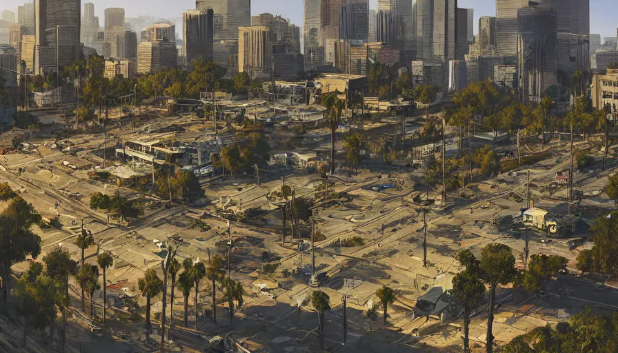 Image similar to Digital painting of the city of Los Angeles abandoned for centuries and covered by vegetations, animals in the streets, sunny day, beautiful, hyperdetailed, artstation, cgsociety, 8k