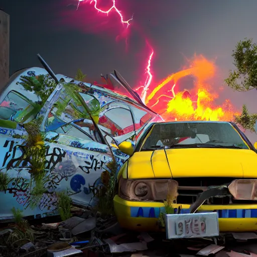 Prompt: car wreckage with ukrainian flag, with graffiti of sunflowers, rusty, volumetric illumination, octane render, cinematic lightning, artstation trending, 8 k