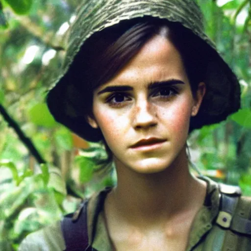 Prompt: film still, close up, portrait, emma watson soldier hiking through dense vietnam jungle, kodak ektachrome 1 9 7 3,