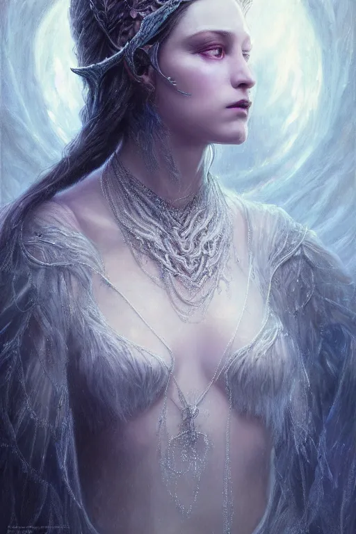 Image similar to realistic portrait of beautifully crystalized and detailed portrait of a elvish witch, matte painting of cinematic movie scene, dark fantasy, created by gustave dore and greg rutkowski, high detailed, smooth draw, synthwave neon retro, intricate, realistic proportions, dramatic lighting, trending on artstation.