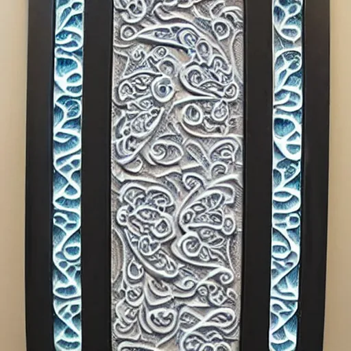 Prompt: paisley, fractals, swirls, carved soapstone relief paneling white and pale blue