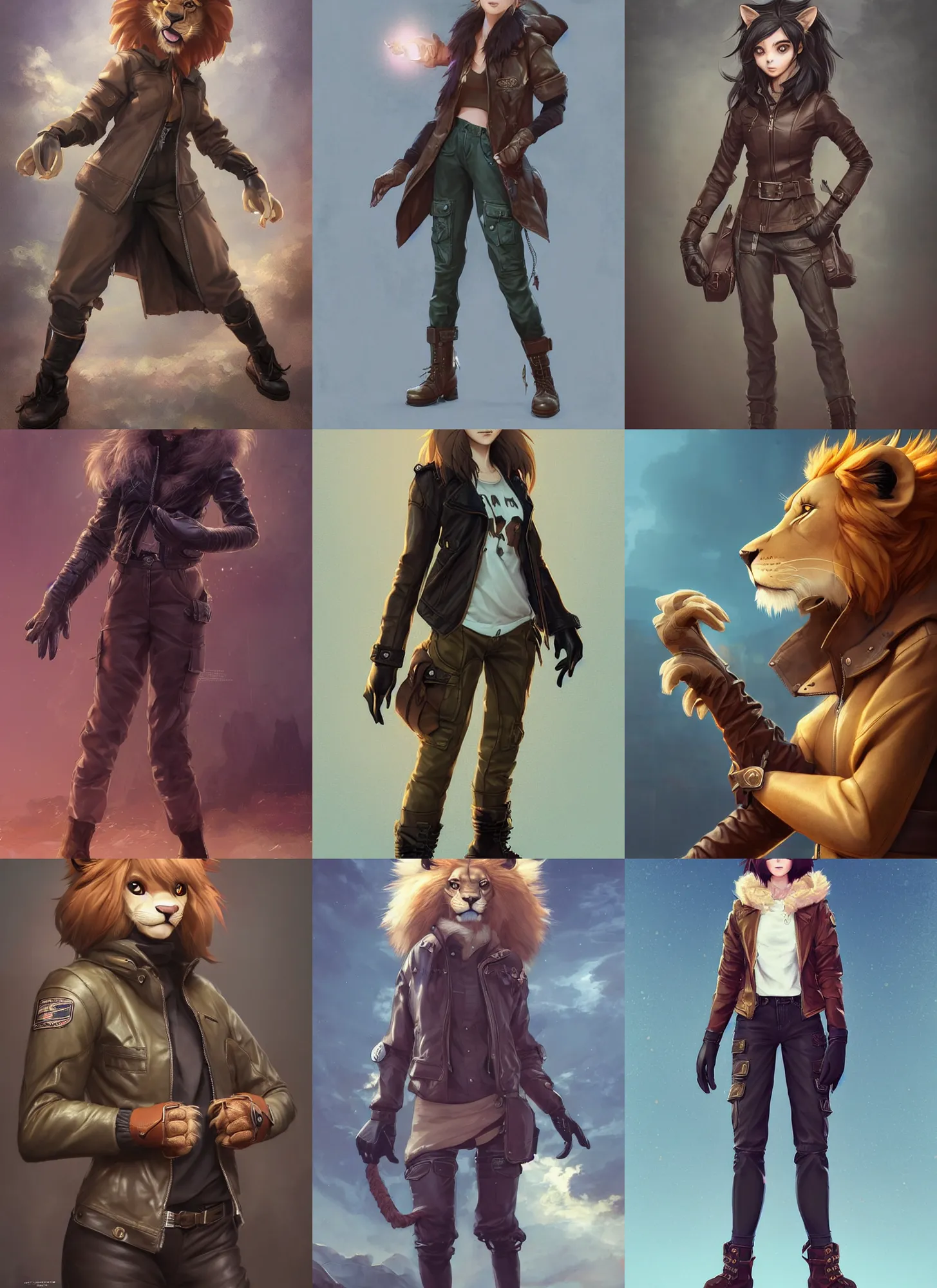 Image similar to beautiful portrait of a female anthropomorphic lion fursona wearing a leather jacket. leather gloves. leather boots. cargo pants. character design by charlie bowater, ross tran, artgerm, and makoto shinkai, detailed, soft lighting, rendered in octane