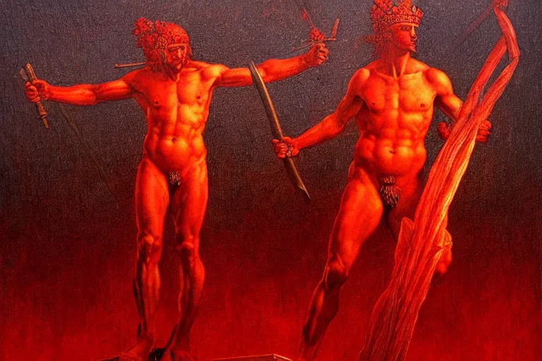 Image similar to only with red, a red melted apollo with a laurel wreath and a flaming sword announce the win, atene in the background, in the style of beksinski, part by hopper, part by rodcenko, part by hofbauer, intricate composition, red by caravaggio, insanely quality, highly detailed, masterpiece, red light, artstation