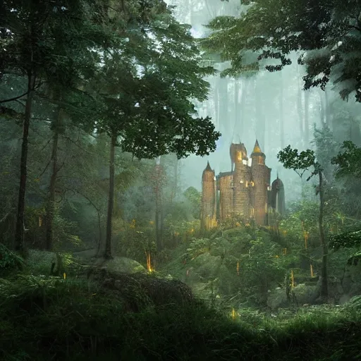 Prompt: medieval fantasy castle in an epic forrest clearing , by Ricardo Ow, dawn, green lush forest, photorealistic, detailed, trending on artstation, smooth light, artstation, DeviantArt, professional, octane render, sunset lighting,highly detailed