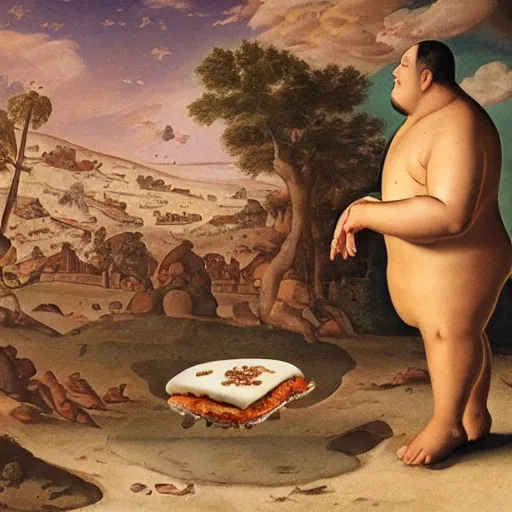 Prompt: a fat man praying to the cheeseburger god, renaissance