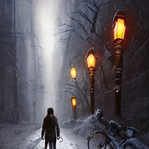 Image similar to by alexander trufanov by artgerm by simon stalenhag tsoi from back pacing lowering head dressed in short leather bomber jacket to empty narrow alley with street lamps in park with pines to the horizon,, with hands in pockets, snowfall at night, mullet long haircut, black hairs, cinematic, dramatic, detailed, realistic, movie shot, low lighting