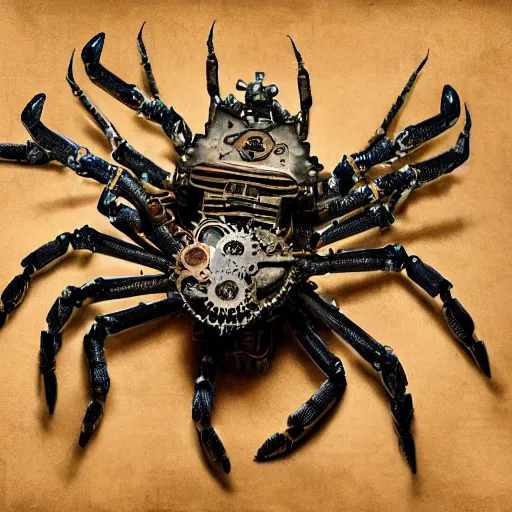 Image similar to A photorealistic 3d render of a steampunk crab made of gears and pipes wide view shot by ellen jewett , tomasz alen kopera and Justin Gerard symmetrical features, ominous, magical realism, texture, intricate, ornate, royally decorated, windows, radiant colors, fantasy, trending on artstation, volumetric lighting, micro details, 3d sculpture, ray tracing, 8k