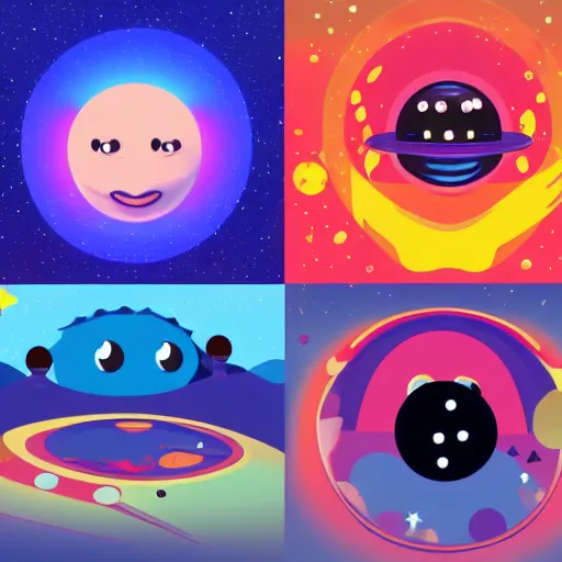 Prompt: outer space view of living planets with cartoon faces, style by kurzgesagt and pixar and dreamworks and disney