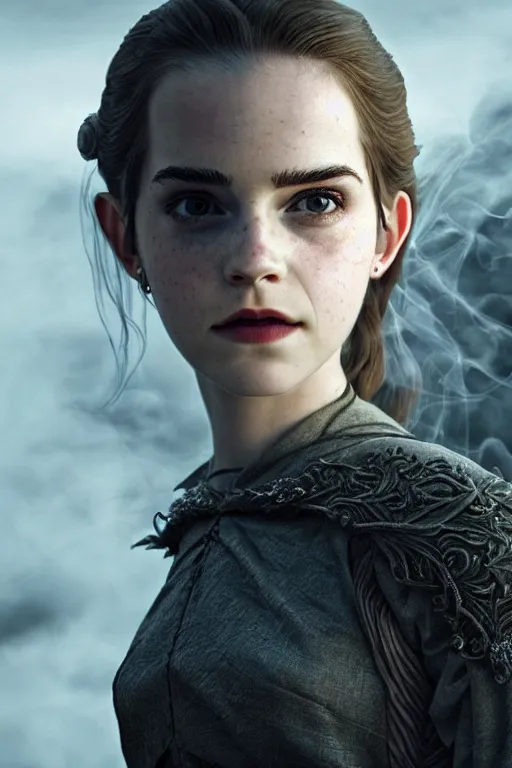 Image similar to a mix of of emma watson, anya taylor - joy and emma stone, evil sorceress elf, game of thrones scenes, hyperrealism, octane render, extremely detailed, intricate smoke magic, lace, style of mark ryden, earl nore, hyung tae, frank frazetta