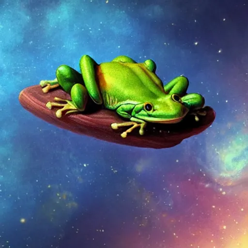 Image similar to medium close - up shot of a very cute and relaxed alienfrog floating through space, concept art, by esao andrews, by m. w. kaluta, by pixar, volumetric light, rich colors, very humorous!!!, realistic reflections, smooth, depth perception, tilt shift, 4 k, unreal engine 5, artstation