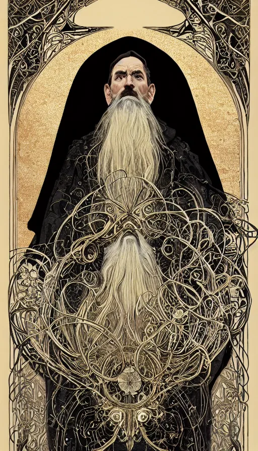 Image similar to one old man wore a black cloak, a black cloak and a white beard, highly detailed, very intricate, art nouveau, gold filigree, left right symmetry, tarot concept art watercolor illustration by mandy jurgens and alphonse mucha and alena aenami, featured on artstation