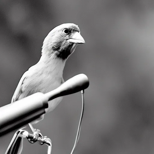 Image similar to A photograph of a bird wearing headphones and speaking into a microphone