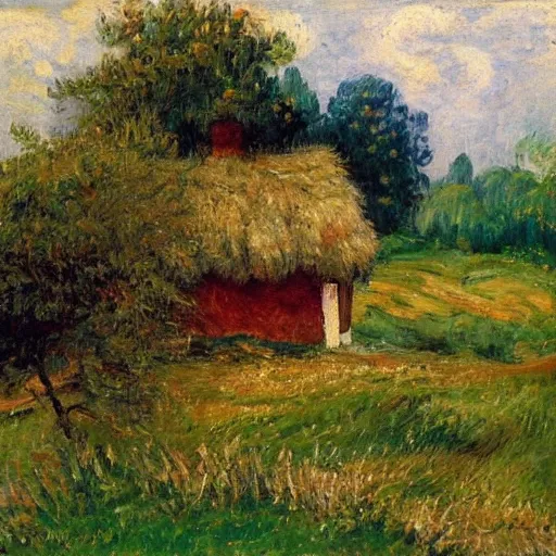 Prompt: grassy landscape with a cottage, impressionist