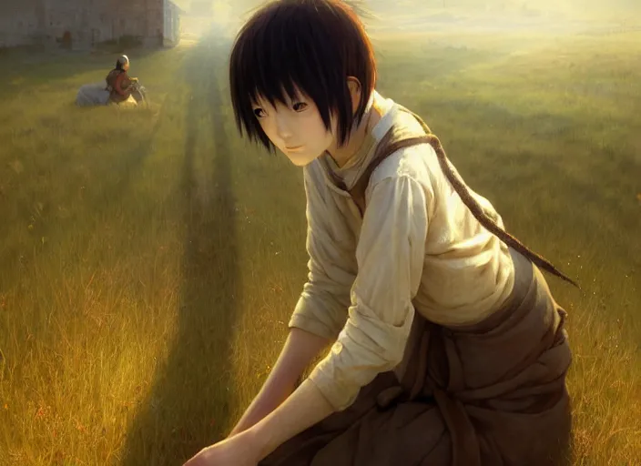 Prompt: lain iwakura from serial experiments lain as medieval peasant working in the field wiping off sweat from forehead wonderful masterpiece highly detailed scifi, beautiful cinematic light deep focus, elegant, digital painting, smooth, sharp focus, golden ratio, dramatic illumination, ultra realistic, 4 k, art by greg rutkowski wlop rossdraws