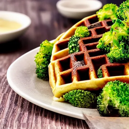 Prompt: promotional shot of a waffle with broccoli, blood cream and oysters,