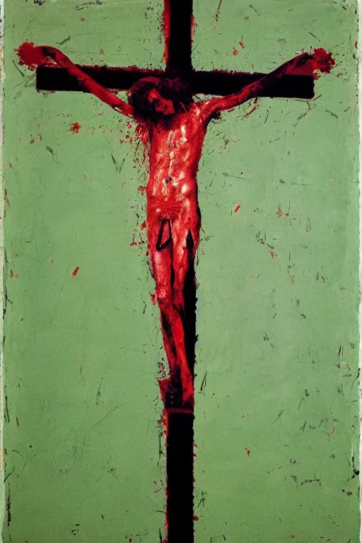 Image similar to green background with bloody christ crucified painted by cy twombly and andy warhol