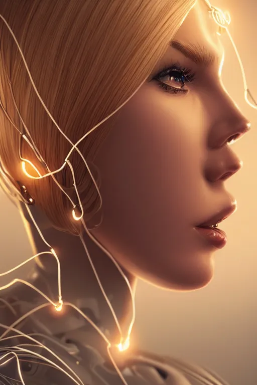 Image similar to a beautiful woman with blonde hair wearing robot suit with wires and light, highly detailed, photorealistic, artstation, smooth