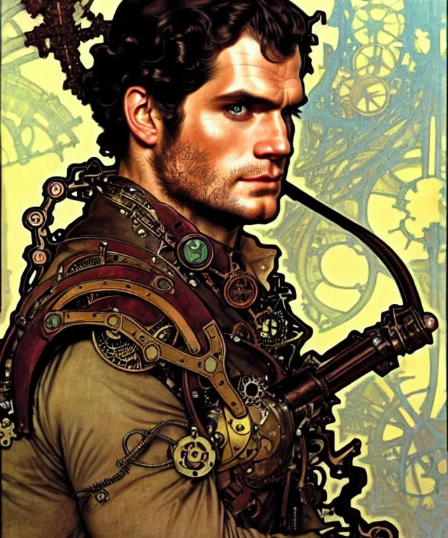 Prompt: realistic detailed head and shoulders portrait of henry cavill as a steampunk adventurer by alphonse mucha, ayami kojima, amano, greg hildebrandt, and mark brooks, male, art nouveau, neo - gothic, gothic