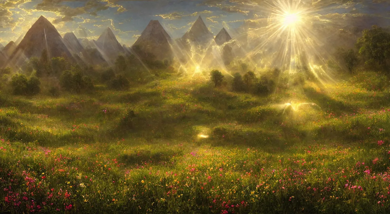 Image similar to rhythmic interval tectonic surfaces as resonant waves of harmonic organic mystical megastructure crystal lattice pyramid architectures exploding with light and god rays in a meadow full of wildflowers by albert bierstadt, by glen small, photorealistic, god rays, octane, depth of field, bladerunner