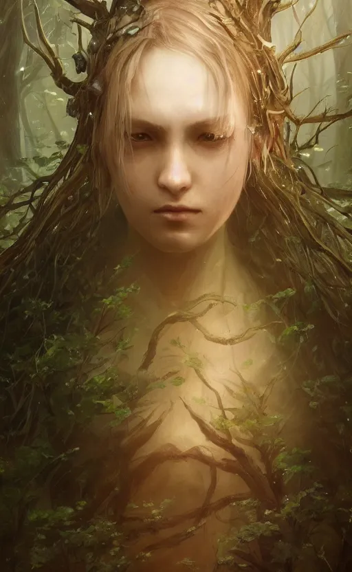 Image similar to a girl from final fantasy live action, cosplaying as a tree, evocative, mystical night, very very very very detailed, award winning, masterpiece digital painting by greg rutkowski, alex grey, artstation, 4 k wallpaper