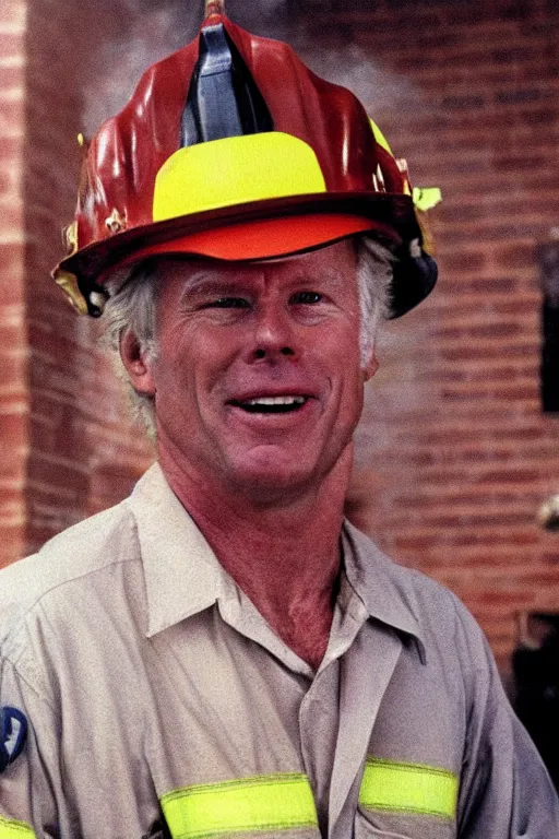 Image similar to kevin tighe wearing a fireman helmet with the number 5 1 on it, floating above a fire laughing