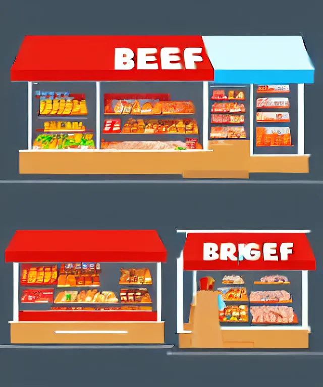 Image similar to digital painting of frozen food shop,like sausage,beef,nugget,etc,with interesting look,picture for website ads,details,photorealistic and make people hungry!,