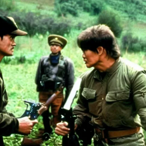 Image similar to a still of Rambo First blood with Kim Jong-il on the role of John Rambo