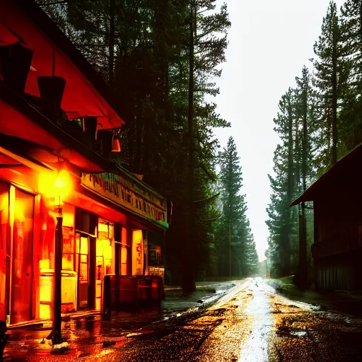 Image similar to photo a wet road surrounded by pine trees, wooden buildings on side of roads, neon signs on buildings, old fashioned gas lamps lining the road, beautiful photography, volumetric lighting, flickr, artstation, 8 k, moody lighting